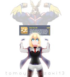 Rule 34 | &gt;:(, 1boy, 1girl, absurdres, all might, artist name, azur lane, bataan (azur lane), black pantyhose, blonde hair, blue eyes, boku no hero academia, breasts, closed eyes, commentary, cowboy shot, crossover, english commentary, flexing, gameplay mechanics, gloves, grin, highres, legs apart, long sleeves, medium breasts, name connection, necktie, pantyhose, red neckwear, serious, short hair, shorts, smile, teeth, tomoyaokazaki13, trait connection, white gloves, white shorts