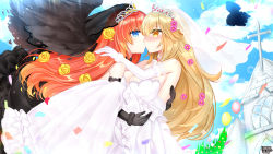 Rule 34 | 2girls, bare shoulders, black dress, black gloves, black wings, blonde hair, blue eyes, blue sky, blush, breasts, bride, building, carrying, character request, cleavage, cloud, cloudy sky, confetti, copyright name, cross, day, dress, elbow gloves, feathered wings, flower, frilled dress, frills, gloves, hair between eyes, hair flower, hair ornament, highres, kerberos blade, kiss, large breasts, latin cross, multiple girls, nose blush, orange hair, outdoors, princess carry, purple flower, rose, see-through, shikito (yawa0w0), sky, strapless, strapless dress, tiara, veil, wedding dress, white dress, white gloves, wings, yellow eyes, yellow flower, yellow rose, yuri
