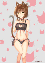 Rule 34 | 10s, 1girl, animal ears, animal print, arm behind back, bell, black panties, blush, breasts, brown hair, cat ear panties, cat ears, cat girl, cat lingerie, cat print, cat tail, choker, cleavage, cleavage cutout, clothing cutout, collarbone, folded ponytail, grey background, hair between eyes, hand on own chest, hand up, highres, hip focus, inazuma (kancolle), jingle bell, kantai collection, kemonomimi mode, knee up, kono (uiyoyo199), medium breasts, meme attire, navel, neck bell, panties, parted lips, side-tie panties, solo, stomach, tail, thighs, twitter username, underwear, underwear only, yellow eyes