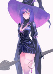 Rule 34 | 1girl, black dress, black gloves, bow, breasts, broom, cleavage, closed mouth, collared dress, commentary, dress, english commentary, genderswap, genderswap (mtf), gloves, grey thighhighs, gundam, gundam 00, hair between eyes, hat, hat feather, highres, holding, holding broom, huangdanlan, long sleeves, looking at viewer, medium hair, pink bow, purple hair, purple hat, red eyes, short dress, simple background, single thighhigh, solo, standing, thighhighs, tieria erde, upper body, very long sleeves, white background, wide sleeves, witch hat
