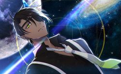 Rule 34 | 1boy, aragami oga, black hair, black shirt, closed mouth, collared shirt, dark-skinned male, dark skin, earrings, eyepatch, galaxy, gradient necktie, green eyes, hair over one eye, highres, holostars, horns, ice horns, jewelry, looking at viewer, male focus, moon, necktie, official alternate costume, open collar, pointy ears, sasago335, shirt, short hair, single horn, sky, solo, sparkle, star (sky), starry sky, suspenders, upper body, virtual youtuber, white necktie