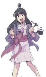 Rule 34 | 1girl, :d, ace attorney, black eyes, black hair, blunt bangs, clenched hands, hair ornament, half updo, hanten (clothes), highres, jacket, japanese clothes, jewelry, kimono, long hair, long sleeves, looking at viewer, magatama, magatama necklace, maya fey, necklace, obi, open mouth, parted bangs, pink sash, purple jacket, sash, short kimono, sidelocks, simple background, smile, solo, standing, taba (tb gya), v-shaped eyebrows, white background, white kimono, wide sleeves
