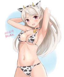 Rule 34 | 1girl, ame-san, animal ears, animal print, arms behind head, bikini, blush, breasts, commentary request, conte di cavour (kancolle), cow ears, cow horns, cow print, cowboy shot, dated, fake animal ears, fake horns, highres, horns, kantai collection, long hair, looking at viewer, medium breasts, purple eyes, revision, smile, solo, swimsuit, twitter username, two side up, white bikini
