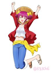 1girl absurdres ahoge arms_up blue_pants blush bow brown_hat closed_eyes commentary commission cone_hair_bun cosplay cropped_shirt double_bun hair_bow hair_bun hat highres hoshizora_miyuki jacket kagami_chihiro medium_hair midriff monkey_d._luffy monkey_d._luffy_(cosplay) navel one_piece open_clothes open_jacket open_mouth pants pink_hair pixiv_commission polka_dot polka_dot_shirt precure red_jacket sandals sash shirt sidelocks smile smile_precure! solo straw_hat twitter_username white_background white_shirt yellow_bow yellow_sash