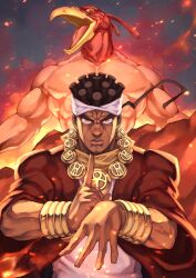 Rule 34 | 2boys, bracelet, brown eyes, brown hair, brown scarf, closed mouth, coat, commentary request, dark-skinned male, dark skin, fire, headband, highres, jewelry, jojo no kimyou na bouken, looking at viewer, magician&#039;s red, male focus, mohammed avdol, multiple boys, muscular, muscular male, necklace, open clothes, open coat, red coat, scarf, shikabane (draw tadao14), shirt, short hair, smoke, stand (jojo), standing, stardust crusaders, white headband, white shirt