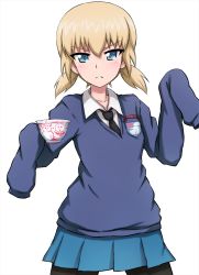 Rule 34 | 1girl, alternate costume, black necktie, black pantyhose, blue skirt, blue sweater, blush, closed mouth, commentary, cowboy shot, cup, dress shirt, emblem, fang, fang out, frown, girls und panzer, highres, holding, holding cup, katyusha (girls und panzer), long sleeves, looking at viewer, low twintails, miniskirt, necktie, omachi (slabco), oversized clothes, pantyhose, pleated skirt, school uniform, shirt, short hair, short twintails, simple background, skirt, sleeves past fingers, sleeves past wrists, snowman print, solo, st. gloriana&#039;s (emblem), st. gloriana&#039;s school uniform, standing, sweater, teacup, twintails, v-neck, white background, white shirt, wing collar