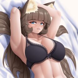 1girl absurdres animal_ear_fluff animal_ears arm_above_head armpits arms_behind_head bed bed_sheet bedroom blue_eyes blush bra breasts brown_hair cat_ears cat_girl cleavage highres lace lace_trim long_hair looking_at_viewer midriff original simple_background smile stomach takie takie_arts underwear very_long_hair