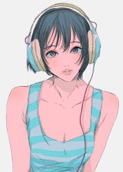 Rule 34 | 1girl, breasts, brown eyes, cleavage, collarbone, grey hair, headphones, highres, najuco (naju0517), original, parted lips, shadow, shirt, short hair, simple background, solo, striped clothes, striped shirt, tank top, upper body, white background