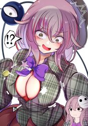 Rule 34 | !?, 2girls, :|, ^^^, alternate breast size, black eyes, black hat, blush, bow, bowtie, breast envy, breasts, breasts out, chibi, chibi inset, closed mouth, collared shirt, commentary request, constricted pupils, cosplay, cowboy shot, empty eyes, expressionless, eyes visible through hair, green eyes, green shirt, grey hair, hair between eyes, hands up, hat, hata no kokoro, hata no kokoro (cosplay), highres, kana (user rkuc4823), komeiji koishi, large breasts, long hair, looking at another, looking down, mask, mask on head, medium hair, motion lines, multicolored hair, multiple girls, nervous smile, nervous sweating, no bra, open mouth, partially unbuttoned, pink hair, plaid, plaid shirt, popped button, purple bow, purple bowtie, red hair, shirt, sidelocks, simple background, sleeves past fingers, sleeves past wrists, smile, solo focus, speech bubble, split mouth, star (symbol), streaked hair, surprised, sweat, third eye, touhou, white background, wide-eyed, wide sleeves
