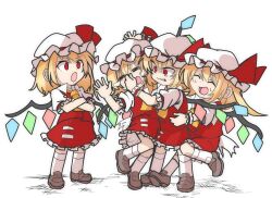 Rule 34 | 1girl, 4girls, anger vein, blonde hair, blue gemstone, brown footwear, buttons, clone, closed eyes, collared shirt, crossed arms, crying, flandre scarlet, four of a kind (touhou), frilled hat, frilled shirt, frilled skirt, frilled sleeves, frilled wristband, frills, full body, gem, green gemstone, hair between eyes, hat, hat ornament, hat ribbon, jewelry, kneehighs, medium hair, mob cap, multicolored wings, multiple girls, neckerchief, open mouth, poking, poking nose, ponytail, puffy short sleeves, puffy sleeves, pulling, red eyes, red gemstone, red ribbon, red skirt, red vest, ribbon, shinmon akika, shirt, shoes, short sleeves, side ponytail, simple background, skirt, skirt set, sleeve ribbon, socks, standing, sweat, sweatdrop, tears, teeth, torn, torn clothes, touhou, v-shaped eyebrows, veins, vest, waist ribbon, white background, white headwear, white ribbon, white shirt, white socks, white wristband, wings, wrist cuffs, wristband, yellow neckerchief