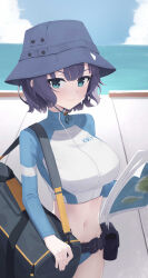 Rule 34 | 1girl, absurdres, bag, belt, belt pouch, bikini, bikini bottom only, black belt, blue archive, blue bikini, blue hair, blue hat, blue sky, breasts, bucket hat, closed mouth, cloud, commentary, dark blue hair, duffel bag, gihachii, green bag, green eyes, hat, highres, holding, holding map, large breasts, long sleeves, looking at viewer, map, midriff, navel, ocean, official alternate costume, pouch, rash guard, saki (blue archive), saki (swimsuit) (blue archive), short hair, sky, smile, solo, swimsuit, utility belt