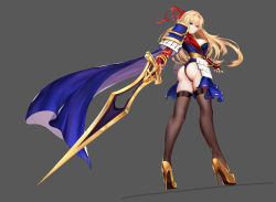 Rule 34 | 1girl, absurdres, armor, ass, black legwear, black panties, blonde hair, blue cape, blue eyes, blue skirt, bracelet, breasts, cape, dutch angle, fingerless gloves, frown, full body, gloves, grey background, hair intakes, hair ribbon, high heels, highres, holding, holding sword, holding weapon, japanese armor, jewelry, kote, kusazuri, large breasts, legs apart, lize cai, long hair, looking at viewer, looking back, original, panties, red gloves, red ribbon, revealing clothes, ribbon, sash, shoe soles, shoulder armor, simple background, skirt, skirt set, sode, solo, standing, stiletto heels, sword, tassel, two-sided cape, two-sided fabric, underwear, weapon, yellow footwear