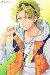 Rule 34 | 1boy, black hairband, blonde hair, blue eyes, closed mouth, collarbone, commentary request, diagonal stripes, dog tags, drawstring, forehead, from argonavis, gotou misaki (argonavis), gradient background, green background, hagino kouta, hairband, hand up, highres, hood, hood down, hoodie, long sleeves, looking at viewer, male focus, open clothes, open vest, orange vest, parted bangs, smile, solo, striped, striped background, twitter username, upper body, v-shaped eyebrows, vest, white background, white hoodie, yellow background