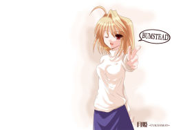 Rule 34 | 00s, 1girl, ahoge, arcueid brunestud, arm behind back, blonde hair, hand on back, long skirt, one eye closed, open mouth, pointing, red eyes, short hair, skirt, solo, sweater, tsukihime, turtleneck, what, wink