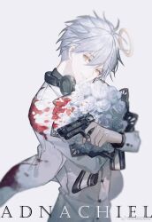 Rule 34 | 1boy, adnachiel (arknights), alternate costume, arknights, black headphones, blood, blood stain, bouquet, buttons, character name, chinese commentary, closed mouth, commentary request, cowboy shot, flower, gou haihaihaihai, gun, halo, handgun, head tilt, headphones, headphones around neck, highres, holding, holding bouquet, holding gun, holding weapon, jacket, layered sleeves, long sleeves, looking at viewer, male focus, open clothes, open jacket, rose, short hair, simple background, smile, solo, vest, watermark, weapon, weibo logo, weibo watermark, white background, white flower, white hair, white jacket, white rose, white sleeves, white vest, yellow eyes, yellow halo