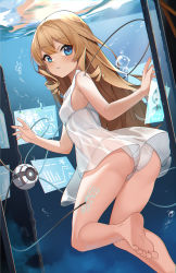 Rule 34 | 1girl, absurdres, air bubble, android, ass, bare arms, bare legs, bare shoulders, barefoot, blonde hair, blue eyes, blush, breasts, bubble, copyright request, dress, duan zhu, hair between eyes, highres, holographic interface, long hair, looking at viewer, looking back, microdress, panties, parted lips, ringlets, robot, see-through, sleeveless, sleeveless dress, small breasts, solo, underwater, underwear, very long hair, water, white dress, white panties