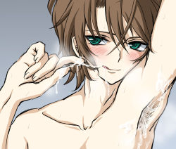 Rule 34 | 10s, 1boy, aftersex, blush, body hair, brown hair, cardfight!! vanguard, cum, cum on body, green eyes, kai toshiki, licking lips, male focus, muscular, nipples, solo, steam, sweat, tongue, tongue out, yaoi