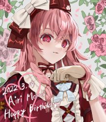 Rule 34 | 1girl, bow, commentary, drill hair, drill sidelocks, flower, gloves, happy birthday, highres, himitsu no valentine daisakusen! (project sekai), long hair, mohey 444, momoi airi, pink eyes, pink flower, pink hair, project sekai, red bow, sidelocks, solo, white bow, white gloves