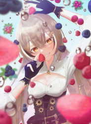 Rule 34 | 1girl, absurdres, blueberry, blurry, breasts, brown hair, cleavage, cleavage cutout, clothing cutout, corset, depth of field, feather hair ornament, feathers, food, fruit, gloves, grin, hair ornament, highres, hololive, hololive english, long hair, nanashi mumei, partially fingerless gloves, ponytail, raspberry, small breasts, smile, solo, strawberry, upper body, varsoligt, virtual youtuber, yellow eyes