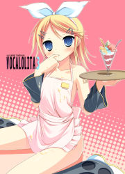Rule 34 | 1girl, amakara surume, apron, bad id, bad pixiv id, blonde hair, blue eyes, blush, finger in own mouth, flat chest, food, kagamine rin, naked apron, short hair, sitting, solo, vocaloid, wariza