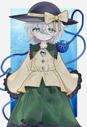 Rule 34 | 1girl, arms at sides, black headwear, blue background, border, bow, closed mouth, diamond (shape), dress, expressionless, flan 495scarlet, frilled dress, frilled shirt collar, frills, gem, green dress, green eyes, grey border, grey gemstone, grey hair, hair between eyes, hat, hat bow, highres, komeiji koishi, long sleeves, looking at viewer, outside border, shirt, short hair, sleeves past fingers, sleeves past wrists, solo, standing, stitched eye, straight-on, third eye, touhou, yellow bow, yellow shirt