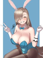 Rule 34 | 1girl, animal ears, aqua leotard, asuna (blue archive), asuna (bunny) (blue archive), blue archive, blue background, blue bow, blue bowtie, blue leotard, bow, bowtie, breasts, brown pantyhose, cleavage, detached collar, fake animal ears, gloves, grin, hair over one eye, highleg, highleg leotard, highres, large breasts, leotard, light brown hair, looking at viewer, mole, mole on breast, pantyhose, playboy bunny, rabbit ears, rangrang, signature, smile, solo, strapless, strapless leotard, traditional bowtie, white gloves