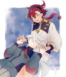 Rule 34 | 2girls, ag (dkd wnl), ahoge, blue eyes, grey eyes, gundam, gundam suisei no majo, hairband, holding hands, interlocked fingers, lap pillow, long hair, looking at another, military, military uniform, miorine rembran, multiple girls, necktie, open mouth, red hair, shorts, sky, smile, star (sky), starry sky, suletta mercury, thick eyebrows, uniform, white hair, yuri