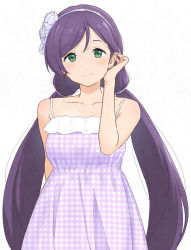 Rule 34 | 1girl, blush, collarbone, dress, earrings, flower, green eyes, hair flower, hair ornament, tucking hair, hairband, jewelry, long hair, looking at viewer, love live!, love live! school idol festival, love live! school idol project, plaid, plaid dress, purple hair, shibasaki shouji, simple background, smile, solo, spaghetti strap, tojo nozomi, twintails, unmoving pattern, upper body, very long hair, white background
