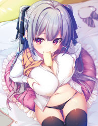 Rule 34 | 1girl, black panties, black ribbon, black thighhighs, blue bow, blue bowtie, blurry, blurry background, blush, bow, bowtie, breast hold, breasts, cleavage, collared shirt, covered erect nipples, cushion, food, frilled pillow, frills, from above, grabbing own breast, grey hair, hair between eyes, hair ribbon, highres, indoors, kaniya shiku, large breasts, long hair, long sleeves, looking at viewer, mouth hold, navel, on bed, orange vest, original, panties, pillow, popsicle, purple eyes, ribbon, see-through, see-through shirt, shirt, sitting, solo, stomach, striped bow, striped bowtie, striped clothes, thighhighs, two side up, underwear, unworn bowtie, very long hair, vest, vest lift, white shirt