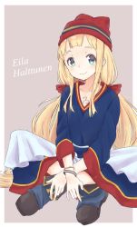Rule 34 | 1girl, bad id, bad pixiv id, blonde hair, blue eyes, boots, bracelet, character name, commentary request, cthulhu mythos, dress, eila halltunen, grey background, hair ribbon, hat, head tilt, highres, indian style, jewelry, long hair, long sleeves, looking at viewer, no socks, original, ribbon, sidelocks, simple background, sitting, smile, solo, tapimakura, tattoo, twintails, very long hair