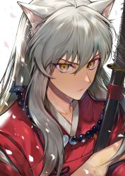 Rule 34 | 1boy, animal ears, beads, brown eyes, closed mouth, commentary request, dog ears, grey hair, hair between eyes, highres, holding, holding sword, holding weapon, inuyasha, inuyasha (character), japanese clothes, jewelry, kimono, long hair, looking at viewer, male focus, necklace, petals, portrait, red kimono, signature, solo, sword, tcb, upper body, weapon, yellow eyes