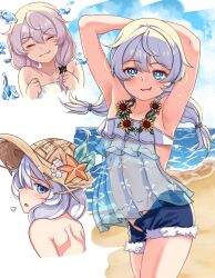 1girl :d armpits arms_behind_head beach blue_eyes closed_eyes closed_mouth commentary denim denim_shorts english_commentary fang flower hat honkai_(series) honkai_impact_3rd long_hair looking_at_viewer multiple_views open_mouth outdoors rei_(riyanrei3) sand shorts skin_fang smile solo starfish straw_hat summer summer_uniform sunflower theresa_apocalypse theresa_apocalypse_(shallow_sunset) theresa_apocalypse_(valkyrie_pledge) towel twintails water white_hair