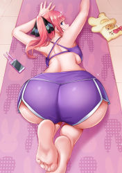Rule 34 | 1girl, armpits, arms up, ass, ass focus, backboob, bare shoulders, barefoot, blue eyes, breasts, cellphone, feet, go-toubun no hanayome, hair ornament, highres, kosmos beta, large breasts, lens flare, looking at viewer, looking back, nakano nino, phone, pink hair, ponytail, scarf, shorts, solo, stuffed toy, tight clothes, yoga, yoga mat