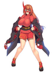 Rule 34 | 1girl, black coat, black socks, breasts, brown hair, closed mouth, coat, highres, horns, huge breasts, long hair, looking at viewer, obi, off shoulder, original, red eyes, red sweater, ribbed sweater, sash, simple background, single horn, smile, socks, solo, standing, sweater, white background, yui sora