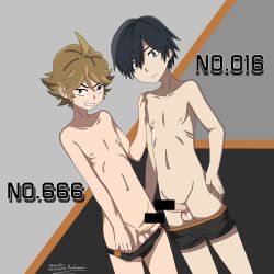 Rule 34 | 10s, 2boys, ahoge, bar censor, bike shorts, bike shorts pull, black hair, blonde hair, blue eyes, brown eyes, censored, commentary, darling in the franxx, erection, hand on another&#039;s shoulder, highres, hiro (darling in the franxx), looking at viewer, male focus, multiple boys, penis, topless male, signature, xoft, yaoi, zorome (darling in the franxx)