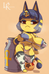 Rule 34 | 1girl, :&lt;, alternate breast size, animal crossing, animal ears, animal print, ankha (animal crossing), areola slip, artist name, bell, bikini, black hair, blue eyeshadow, blunt bangs, blush, bob cut, breast lift, breasts, brown eyes, cat ears, cat tail, colored nipples, colored skin, commentary, contrapposto, cow print, cowbell, curvy, dark nipples, english commentary, eyeliner, eyeshadow, full body, furry, furry female, gluteal fold, grey nipples, hair ornament, highleg, highleg bikini, highres, huge nipples, leokingdom, looking away, makeup, micro bikini, milk churn, navel, neck bell, nintendo, nipples, no pupils, o-ring, o-ring bikini, one breast out, print bikini, print thighhighs, sack, sagging breasts, short hair, snake hair ornament, solo, standing, stirrup legwear, striped tail, swimsuit, tail, thick thighs, thigh gap, thighhighs, thighs, toeless legwear, unaligned breasts, underboob, wristband, yellow skin