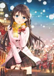 Rule 34 | 1girl, :o, bag, black thighhighs, blue eyes, blush, brown hair, city, coat, duffel coat, fuumi (radial engine), gift, holding, long hair, long sleeves, looking at viewer, night, night sky, open mouth, original, pleated skirt, scarf, school bag, skirt, sky, solo, thighhighs, wire, yellow scarf, zettai ryouiki