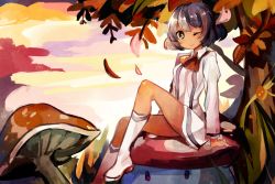 Rule 34 | 1girl, arm support, autumn leaves, boots, crablettes, creatures (company), game freak, gen 1 pokemon, looking at viewer, mushroom, nintendo, one eye closed, pokemon, pokemon (creature), pokemon xy, sina (pokemon), sitting, vileplume, wink