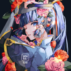 Rule 34 | 1girl, armor, ayaka (genshin impact), black background, blue eyes, blue hair, blunt bangs, breastplate, breasts, camellia, collarbone, commentary, eyebrows, finger to face, fingerless gloves, flower, from side, gauntlets, genshin impact, gloves, hair flower, hair ornament, hair ribbon, hair tubes, hand fan, hand up, harisen, head tilt, holding, holding fan, japanese clothes, kimono, long hair, looking at viewer, low twintails, mole, mole under eye, one eye closed, parted lips, pink flower, ponytail, red flower, ribbon, sidelocks, simple background, smile, solo, symbol-only commentary, teeth, twintails, yeurei