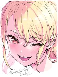Rule 34 | 1girl, ;d, absurdres, bang dream!, blonde hair, character name, dated, floating hair, happy birthday, highres, kirigaya toko, long hair, looking at viewer, nobusawa osamu, one eye closed, open mouth, portrait, red eyes, sketch, smile, solo, white background
