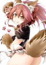 Rule 34 | 1girl, absurdres, animal ear fluff, animal ears, animal hands, apron, ass, bad id, bad pixiv id, bell, blush, breasts, cat hair ornament, cat paws, collar, fangs, fate/grand order, fate (series), fox ears, fox tail, gloves, hair ornament, highres, jingle bell, large breasts, looking at viewer, looking back, maid headdress, neck bell, paw gloves, pink hair, simple background, solo, tail, tamamo (fate), tamamo cat (fate), tamamo cat (second ascension) (fate), tongue, watanai72, white background, yellow eyes