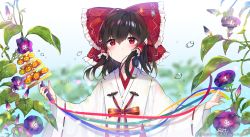 Rule 34 | 1girl, absurdres, bad id, bad pixiv id, black hair, blue ribbon, blurry, blurry background, blush, bow, bubble, commentary request, flower, hair between eyes, hair bow, hair ornament, hakurei reimu, highres, holding, japanese clothes, kimono, long hair, looking at viewer, multicolored ribbon, plant, purple flower, red bow, red eyes, red ribbon, ribbon, sidelocks, solo, tagme, touhou, upper body, urim (paintur), white kimono