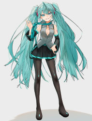 Rule 34 | 1girl, absurdres, aqua eyes, aqua hair, bare shoulders, beige background, black footwear, black pantyhose, blue eyes, blush, breasts, cleavage, commentary request, detached sleeves, fingernails, full body, gotou (nekocat), gradient background, green nails, grin, hair ornament, hand on own hip, hand up, hatsune miku, headset, highres, long hair, long sleeves, looking at viewer, medium breasts, nail polish, necktie, neckwear grab, open mouth, pantyhose, parted lips, pleated skirt, shadow, sharp fingernails, sharp teeth, shirt, shoulder tattoo, skirt, sleeveless, sleeveless shirt, smile, solo, standing, symbol-shaped pupils, tattoo, teeth, thighhighs, twintails, two-tone skirt, very long hair, vocaloid