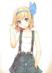 Rule 34 | 1girl, alice margatroid, alice margatroid (pc-98), bare arms, blonde hair, blue eyes, chemise, collarbone, culter, hair ribbon, hand in own hair, hand in pocket, ribbon, shirt, skirt, smile, solo, suspenders, touhou, touhou (pc-98)