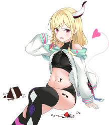 Rule 34 | 1girl, absurdres, arm up, bare shoulders, black shirt, black shorts, black thighhighs, blonde hair, braid, breasts, celite, check copyright, commission, copyright request, crop top, demon tail, frown, highres, horns, jacket, long hair, long sleeves, looking at viewer, medium breasts, micro shorts, midriff, navel, off-shoulder jacket, off shoulder, open clothes, open jacket, open mouth, original, red eyes, revealing clothes, shirt, shorts, single horn, sleeveless, sleeveless shirt, solo, stomach, tail, thighhighs, thighs, v-shaped eyebrows, white jacket, zipper