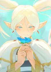 Rule 34 | 1girl, absurdres, blue background, blue eyes, blue flower, blush, capelet, closed mouth, earrings, elf, floating hair, flower, frieren, highres, holding, holding flower, jewelry, long hair, looking at object, own hands together, pointy ears, rerxe, shirt, simple background, smile, solo, sousou no frieren, striped clothes, striped shirt, twintails, upper body, white capelet, white hair