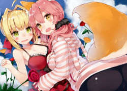 Rule 34 | 10s, 2girls, ahoge, animal ears, ass, blonde hair, blush, breasts, cleavage, cloud, day, fate/extra, fate (series), flower, fox ears, fox tail, green eyes, hair ribbon, kou mashiro, large breasts, looking back, multiple girls, nero claudius (fate), nero claudius (fate) (all), nero claudius (fate/extra), official alternate costume, open mouth, pink hair, ribbon, rose, scrunchie, short hair, sky, tail, tamamo (fate), tamamo no mae (fate/extra), tamamo no mae (spring casual) (fate), yellow eyes