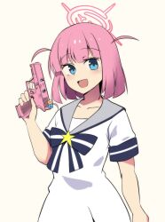 Rule 34 | 1girl, 1other, :d, blue archive, blue eyes, bocchi the rock!, glock, gotoh futari, gotoh hitori, gun, halo, handgun, highres, hinghoi, holding, holding gun, holding weapon, looking at viewer, open mouth, pink hair, short hair, smile, solo focus, standing, weapon