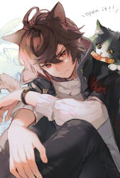 Rule 34 | 1boy, 1other, :3, ahoge, animal, animal ears, animal on shoulder, black pants, bracelet, brown hair, cat, cat ears, cat on shoulder, cat tail, commentary, commentary request, cropped legs, endend (shinia), english text, ewiyar (granblue fantasy), food in mouth, frown, furrowed brow, granblue fantasy, hair between eyes, hand on own leg, jacket, jacket on shoulders, jewelry, kemonomimi mode, knees up, looking at viewer, messy hair, mixed-language commentary, pants, sandalphon (granblue fantasy), sandalphon (valentine) (granblue fantasy), short hair, sitting, sweater, sweater vest, tail, turtleneck, turtleneck sweater, white sweater vest