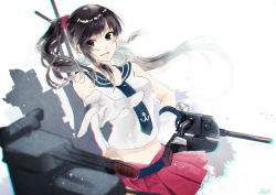 Rule 34 | 10s, 1girl, :d, bad id, bad pixiv id, black hair, cannon, chromatic aberration, gloves, hair ornament, hair scrunchie, hanazono nonoka, hand on own hip, kantai collection, long hair, looking at viewer, machinery, midriff, miniskirt, open mouth, pleated skirt, ponytail, reaching, red eyes, school uniform, scrunchie, serafuku, signature, skirt, smile, solo, teeth, turret, upper body, very long hair, white background, white gloves, yahagi (kancolle)